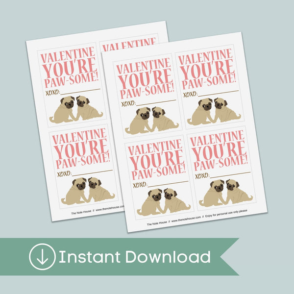 Pug - Classroom Valentine's Day Cards - Printable Instant Download - The Note House